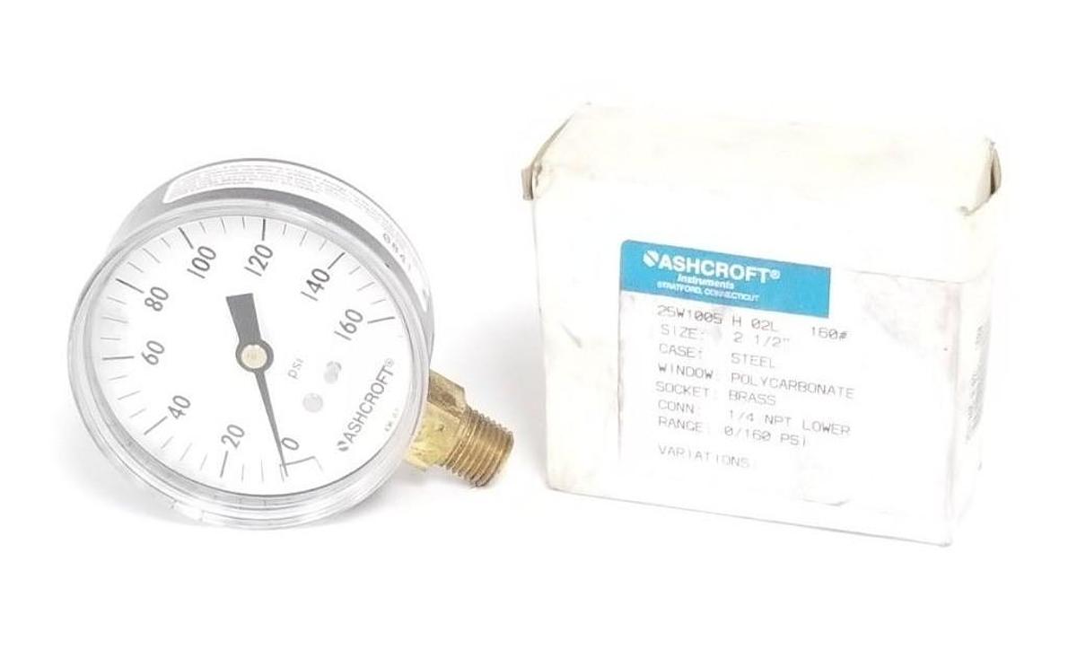 Used NIB ASHCROFT 25W-1005-H-02L-160 PRESSURE GAUGE 0-160PSI 2.5IN DIA. 1/4INCH NPT