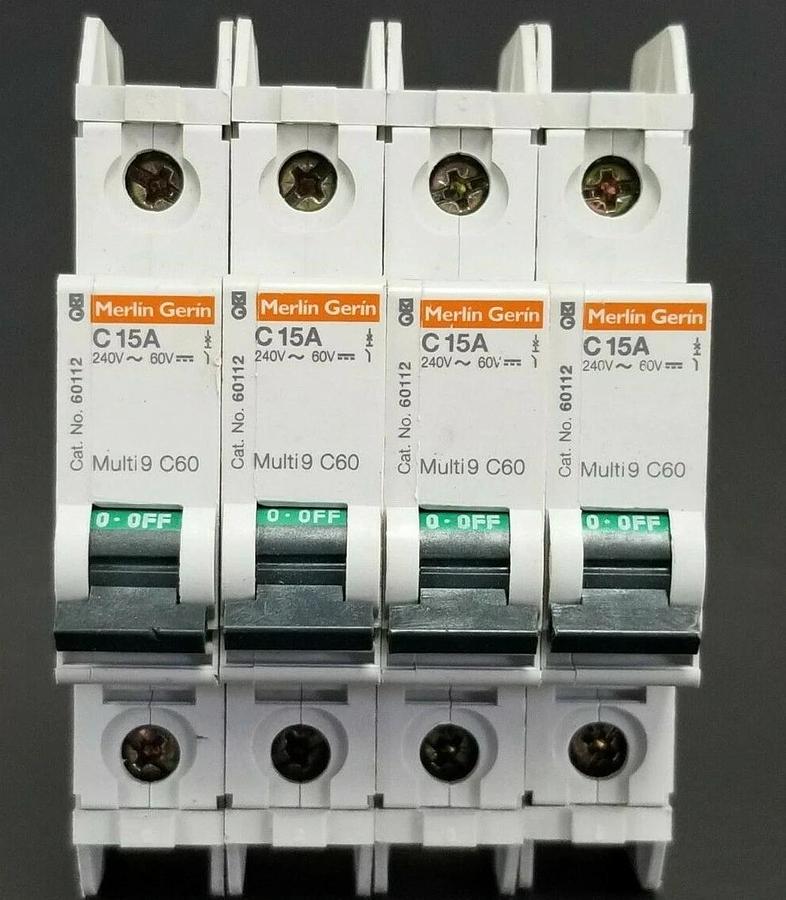 Used LOT OF 4 MERLIN GERIN CAT. NO. 60112 MULTI9 C60 CIRCUIT BREAKERS C15A 240V/60V