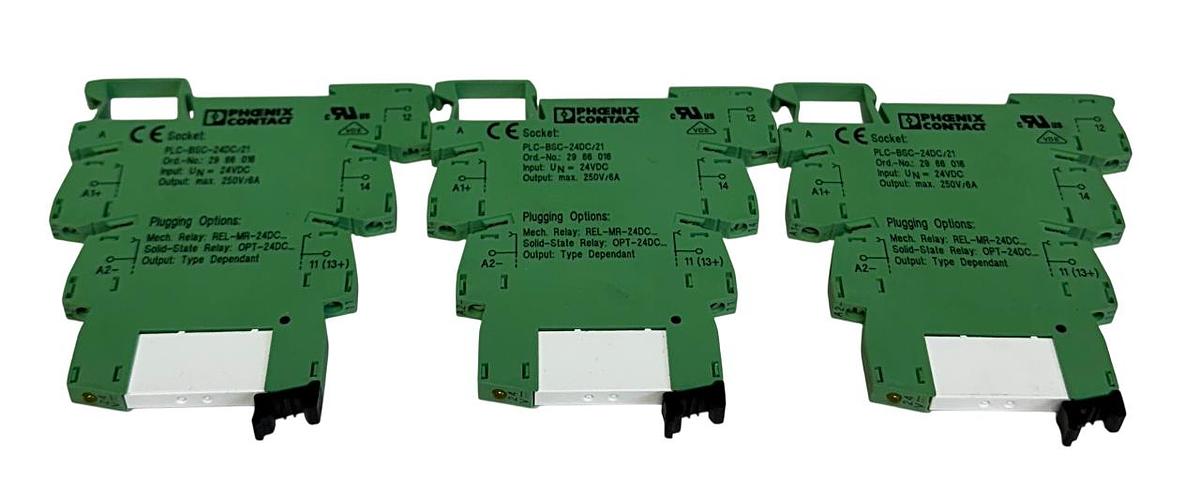 Used 3 PHOENIX CONTACT PLC-BSC-24DC/21 / 2966016 / 2961105 RELAY BASE AND RELAYS NSNP