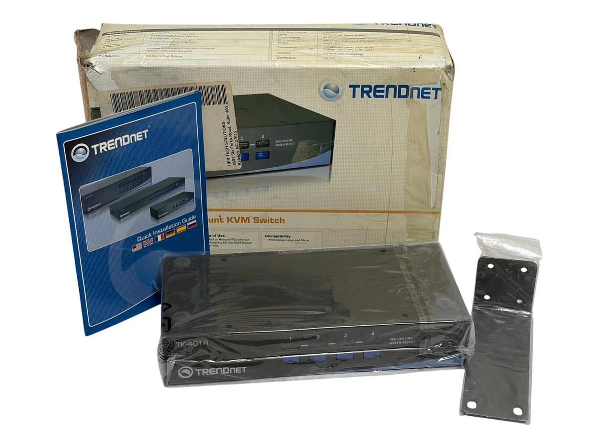 TRENDnet TK-401R 4-Port Rack Mount KVM Switch New Open Box with Rack Ears Manual