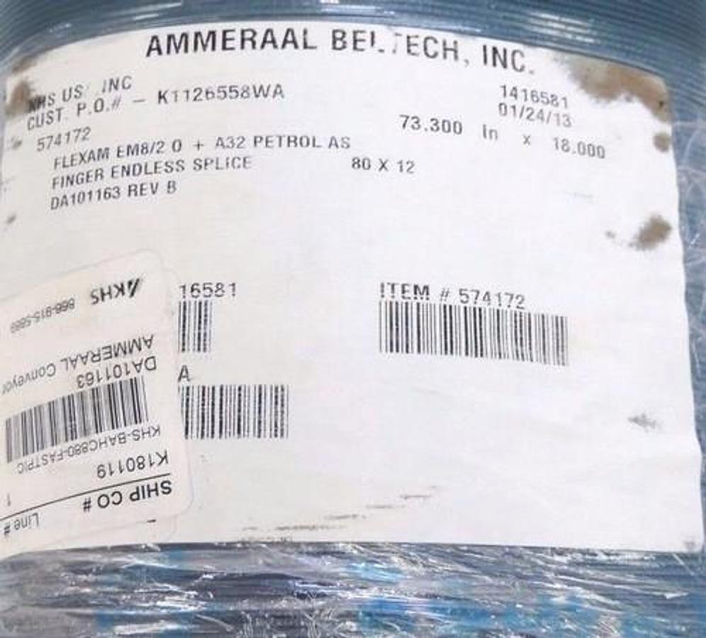 Used AMMERAAL KHS DA101163 FLEXAM 574172 CONVEYER BELT 73.300" X 18" REV B