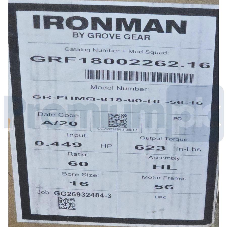 Used GROVE GEAR IRONMAN GR-FHMQ818-60-HL-56-16 GEAR REDUCER 60:1 GRF18002262.16 NSMP