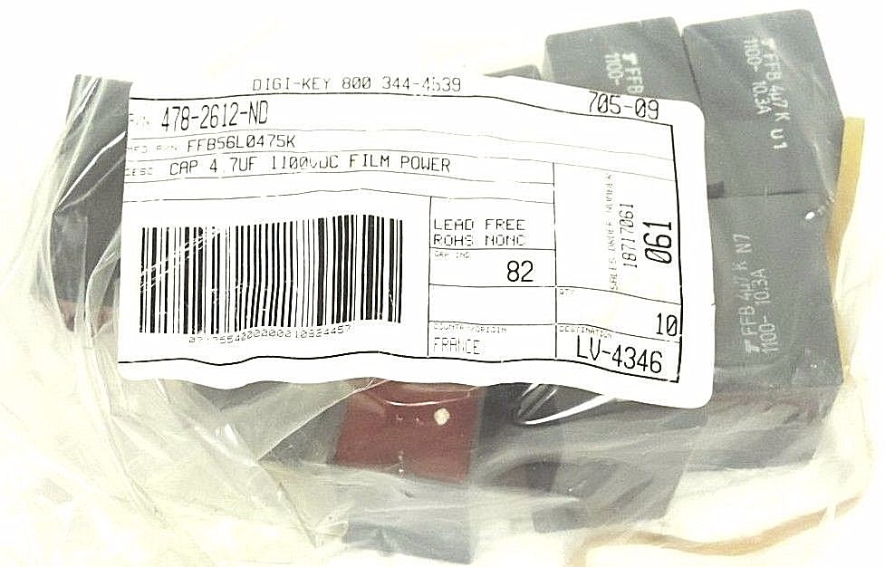 Used LOT OF 8 NEW DIGI-KEY 478-2612-ND CAPACITORS MFG P/N: FFB56L0475K, 4.7UF 1100VDC