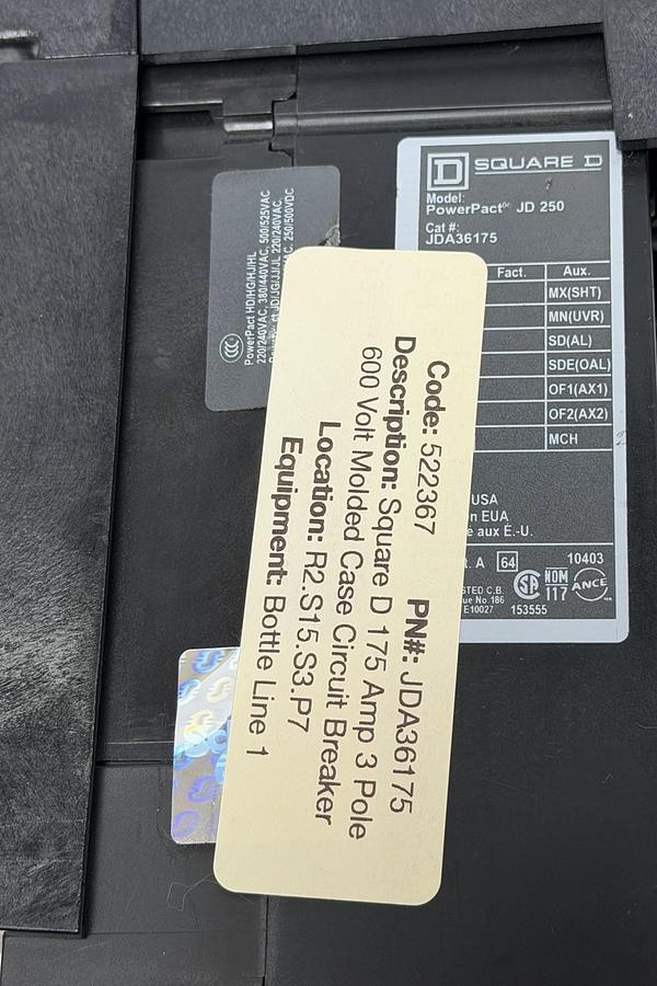 Used SQUARE D JDA36175 MOLDED CASE CIRCUIT BREAKER POWERPACT J CIRCUIT BREAKER
