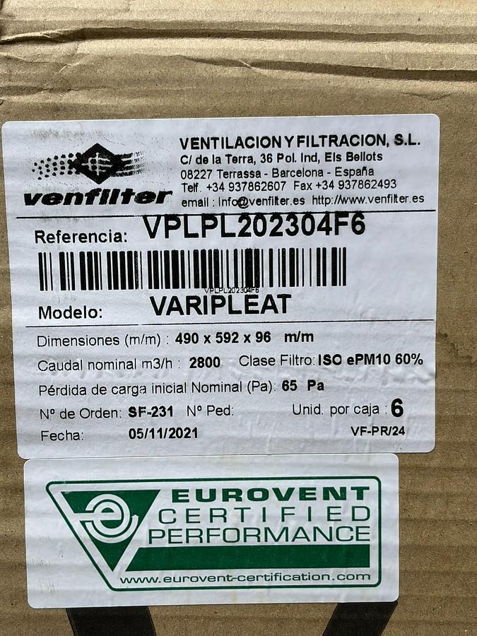 Used Venfilter Varipleat VPLPL202304F6 HVAC Air Filters 490x592x96mm Pack of 3 New