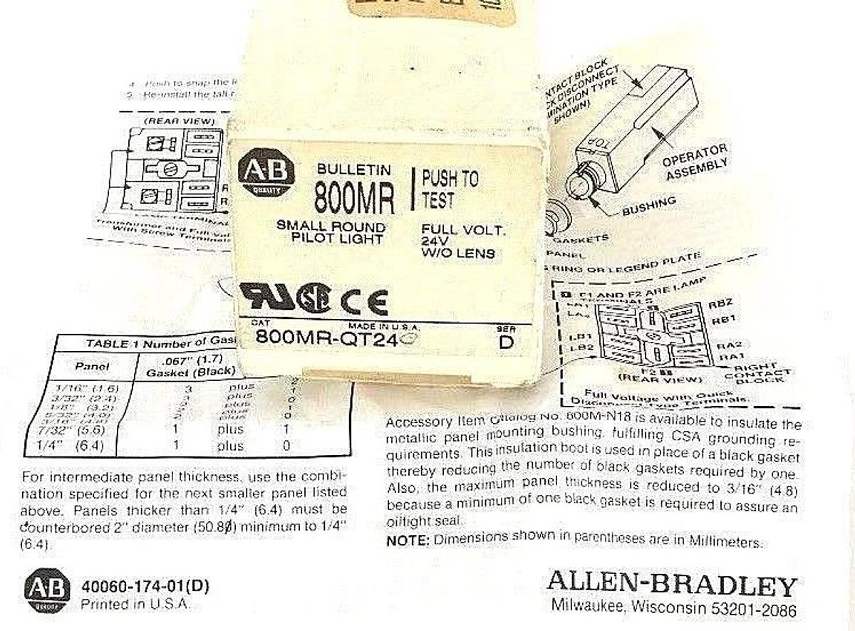 Used NIB ALLEN BRADLEY 800MR-QT24 PUSH BUTTON SER D, 24V, LAMP 85, 800MRQT24