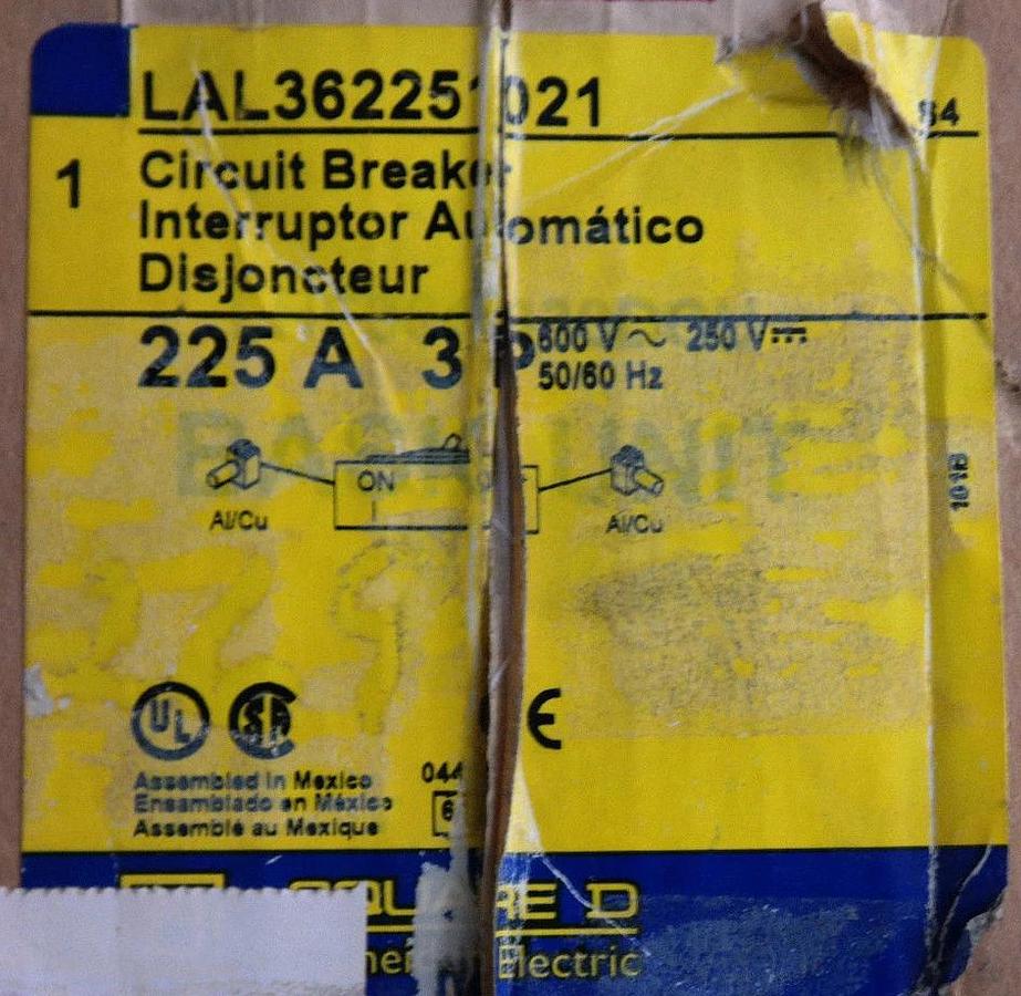 NEW SQUARE D LAL36225 FA/LA MOLDED CASE CIRCUIT BREAKER 600V 225A LAL362251021