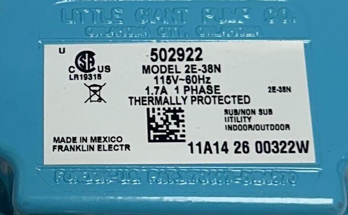 Used LITTLE GIANT 2E-38N / 502922 SUBMERSIBLE IN-LINE PUMP 115V 60Hz 1.7A 1P372 NSMP