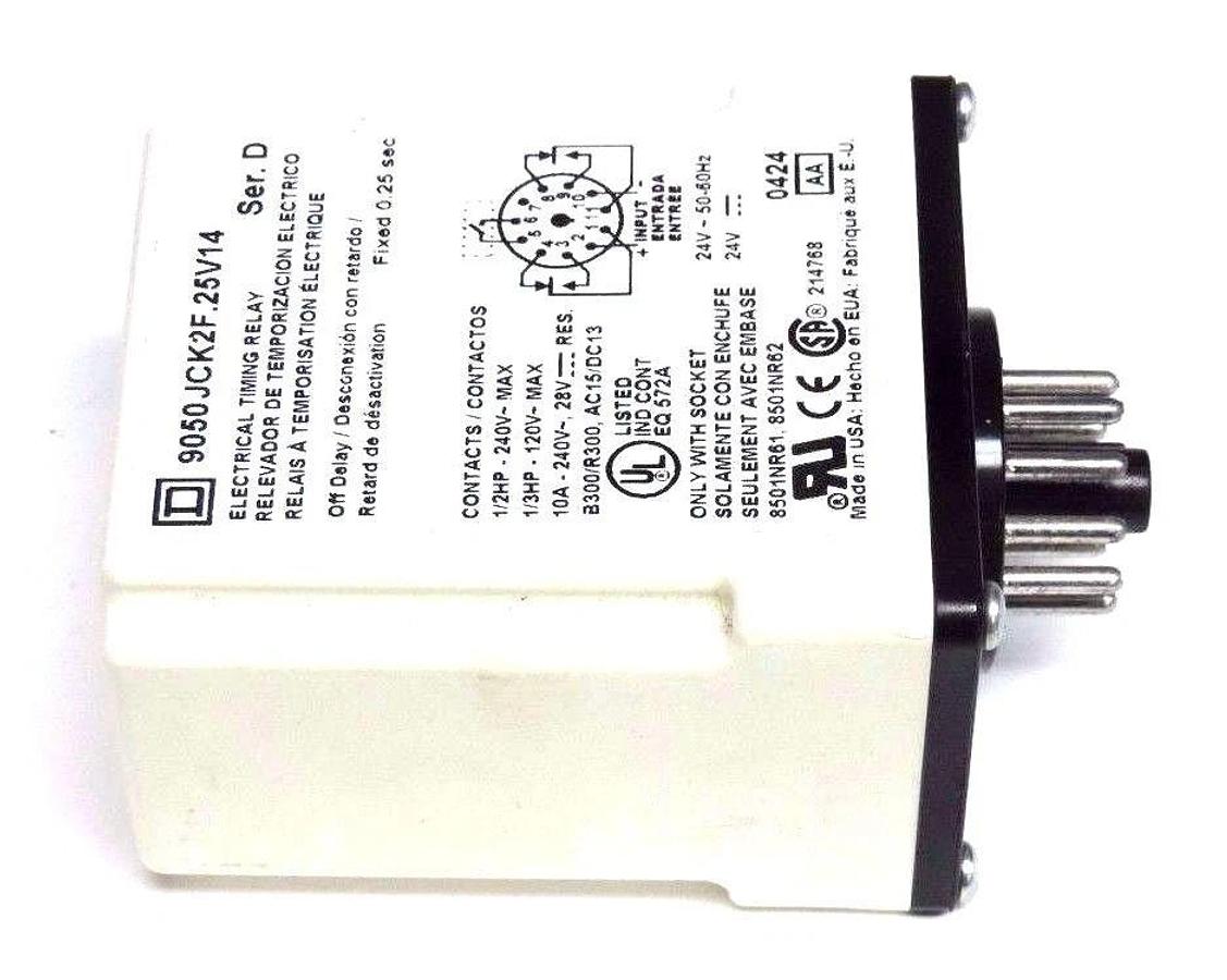 Used SQUARE D 9050-JCK2F.25V14 SER. D TIMING RELAY 240VAC, 10AMP, 25SEC., 11PIN