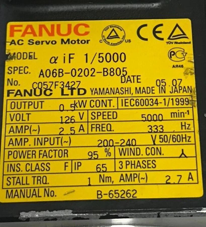 Used FANUC A06B-0202-B805 / A06B0202B805 AC SERVO MOTOR aiF1/5000 0.5kW 126V USNP