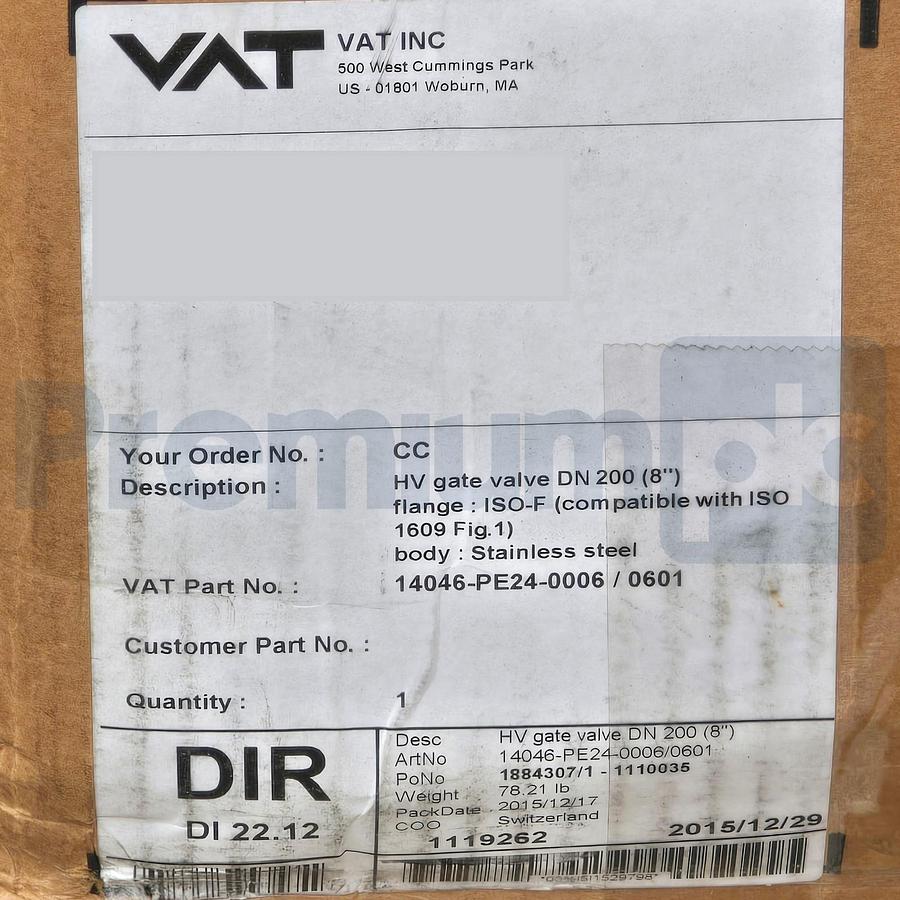 Used VAT 14046-PE24 HV Gate Valve S/S w/Actuator DN200 8" 14046-PE24-0006/0601 NEW