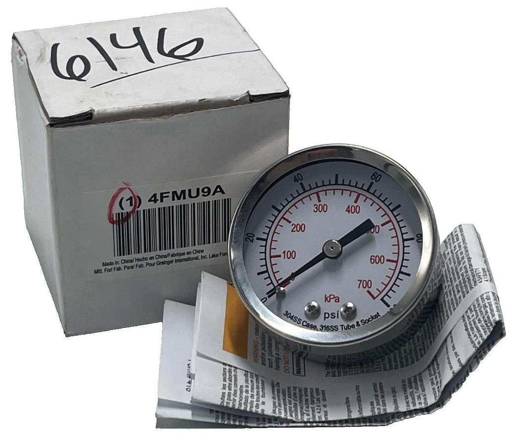 PRESSURE GAUGE 4FMU9A 0 psi / Hg to 100 psi 2" Dial, 1/4 in NPT Male, Dual