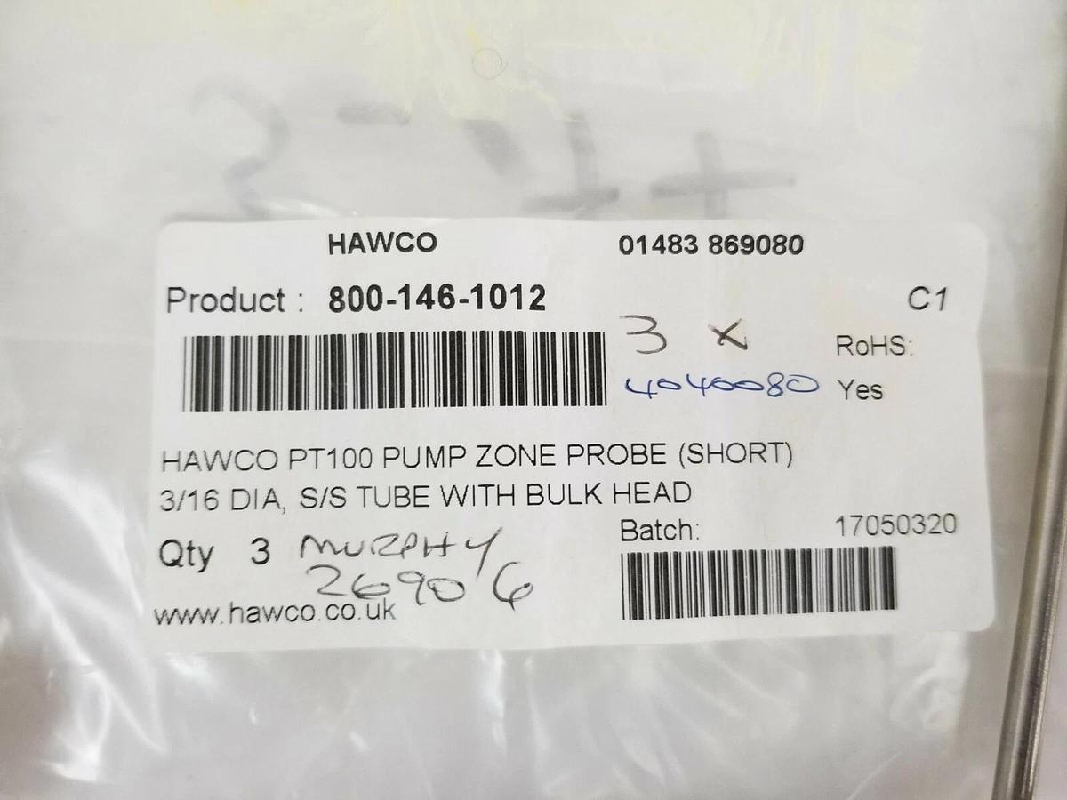 Used LOT OF 3 NEW IN BAG HAWCO PT100 PUMP ZONE PROBES 3/16 DIA. S/S TUBE W/ BULKHEAD