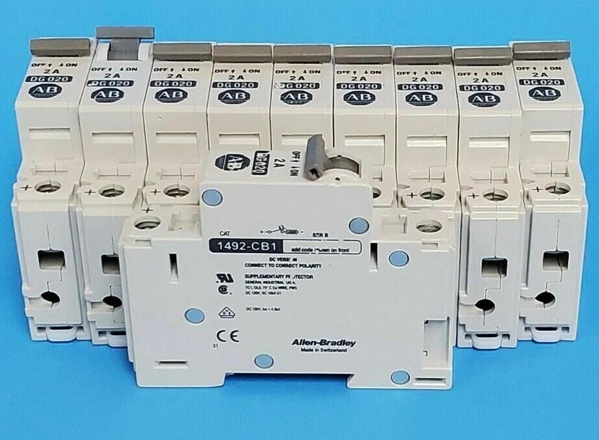 Used LOT OF 10 ALLEN BRADLEY 1492CB1DG020 CIRCUIT BREAKERS, 1492-CB1-DG-020, 2A, 1P