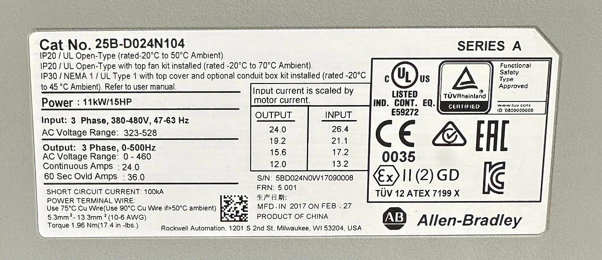 Used ALLEN BRADLEY 25B-D024N104 /A PowerFlex 525 AC DRIVE 11kW/15HP 480V 25BD024N104