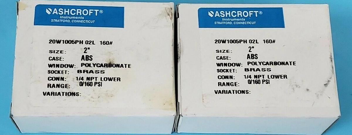 Used LOT OF 2 NIB ASHCROFT 20W1005PH 02L 160# PRESSURE GAUGES 0-160PSI, 1/4 NPT LOWER