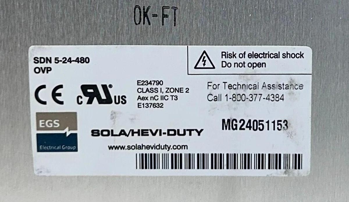 SOLA SDN 5-24-480 / SDN524480 HEVI-DUTY POWER SUPPLY 380/500VAC INPUT 24VDC NSNP