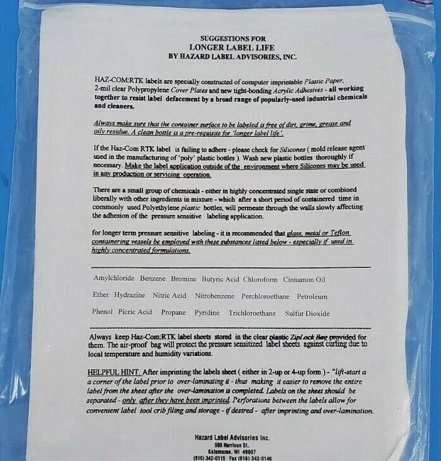 Used (50) NEW HAZARD LABEL ADVISORIES, INC. HAZ-COM:RTK O'LAM 1-40094 LABELS 1-494