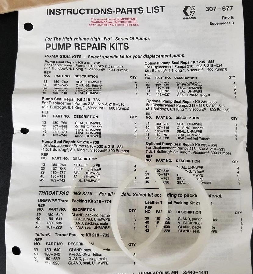 NEW GRACO 218-739 SERIES 194B PUMP SEAL REPAIR KIT 218739 *INCOMPLETE*