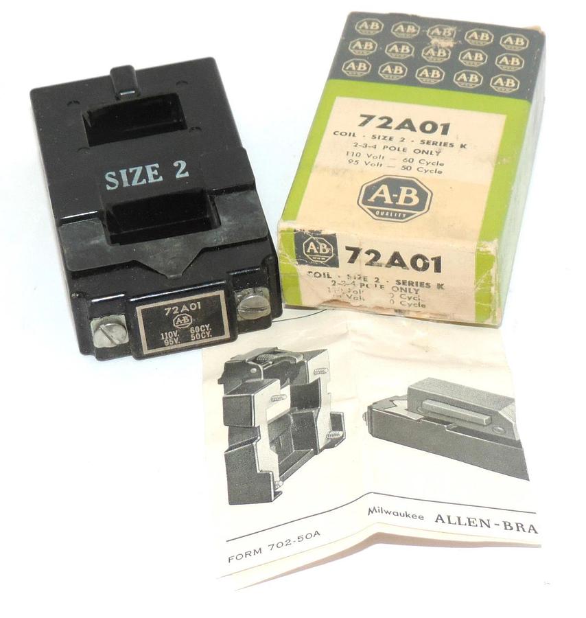 Used NIB ALLEN BRADLEY 72A01 COIL SIZE 2, 110V 60CY. 95V 50CY.