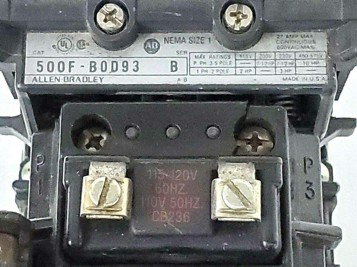Used ALLEN BRADLEY 500F-BOD93 CONTACT STARTER SER. B, CB236 COIL (SMALL CRACK)