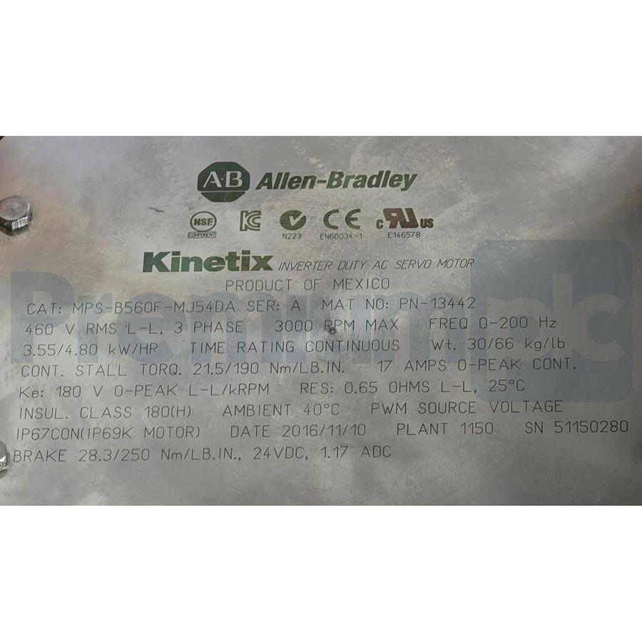 Used ALLEN BRADLEY MPS-B560F-MJ54DA /A Kinetix MPS S/S SERVO MOTOR 460V w/BRAKE NSMP