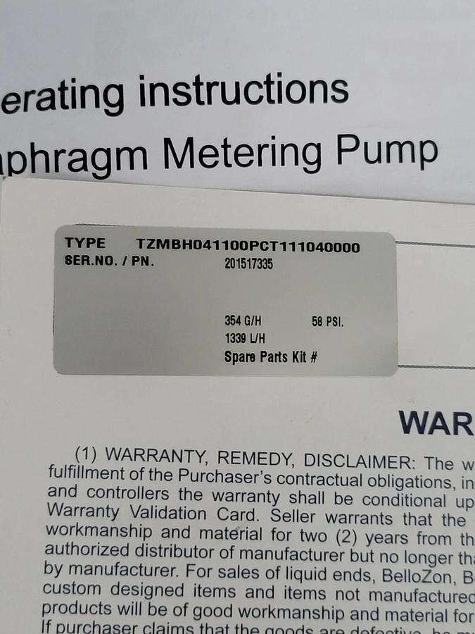 Used NEW PROMINENT TZMBH041100PCT111040000 354 G/H 58 PSI. 1339 L/H P/N: 20.1517335