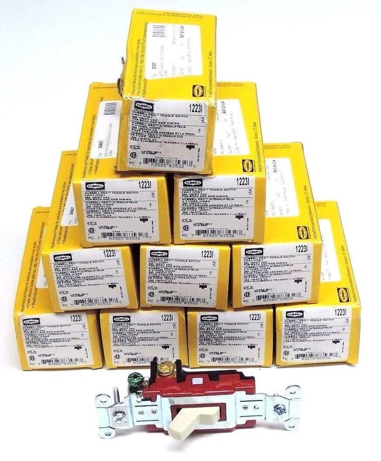 Used LOT OF 10 NIB 1223I HUBBELL PRO TOGGLE SWITCH 3-WAY IVORY 20A, 120/277 VAC