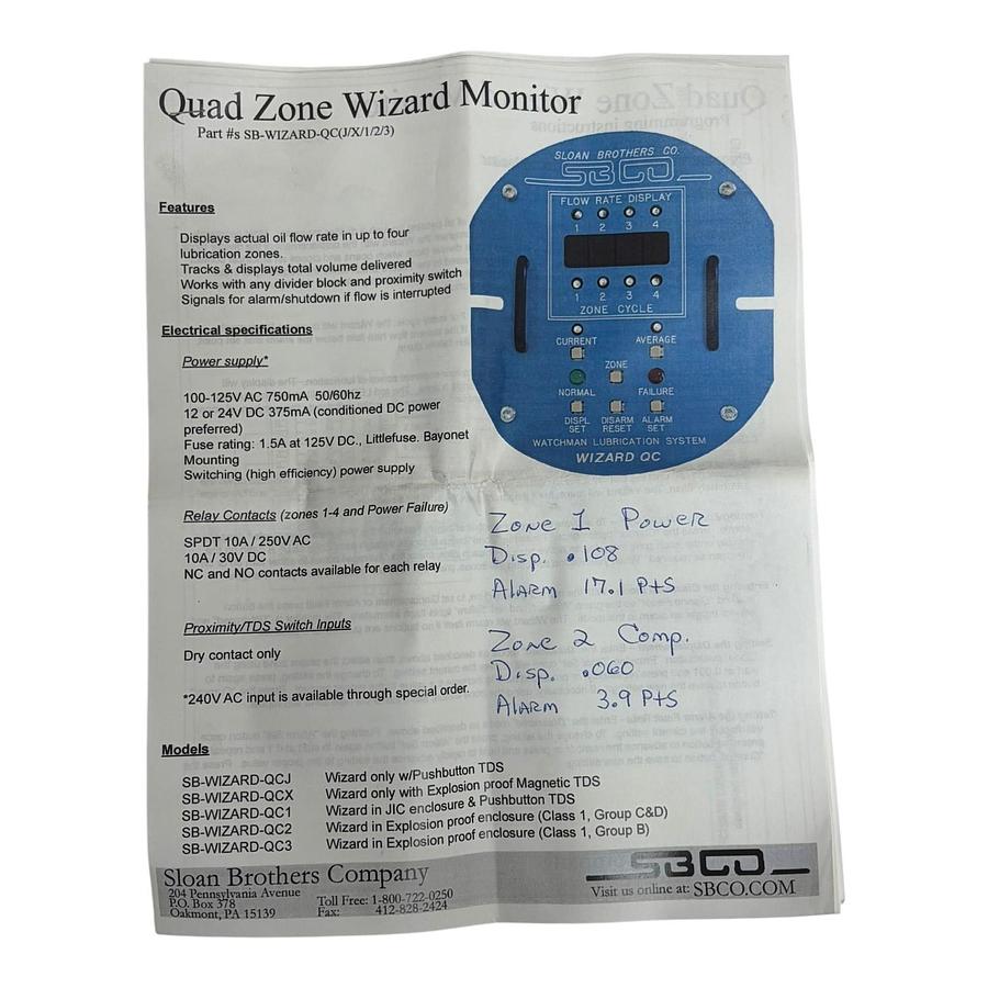 Used Sloan Brothers SB-WIZARD-QC Quad Zone Wizard Lubrication System Monitor New NOS