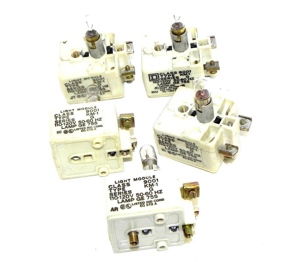 Used LOT OF 5 SQUARE D 9001-KM-1 PILOT LIGHT MODULES 9001KM1 SER. G, 110-120V