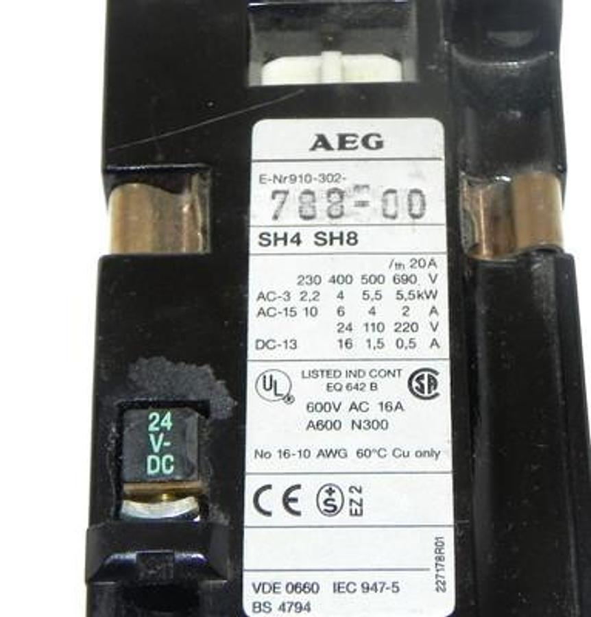 Used AEG 910-302-788-00 CONTACTOR 91030278800 6 POLE 24V DC 2 NC 20AMP SH880E