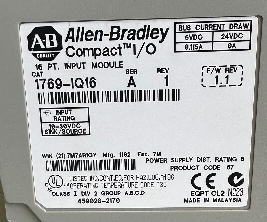 Used ALLEN BRADLEY 1769-IQ16 /A Compact I/O 16-PT INPUT MODULE FW. 1.1 1769IQ16
