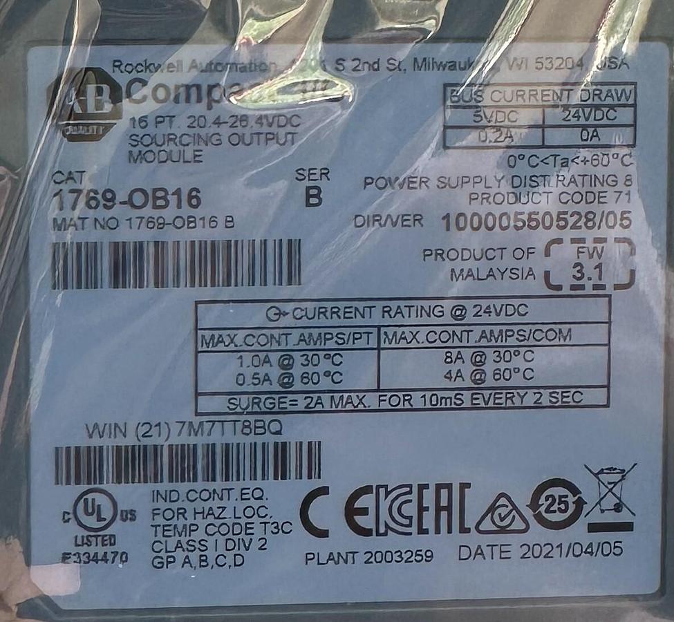 Used ALLEN BRADLEY 1769-OB16 /B CompactLogix 16-PT SOURCING OUTPUT MODULE 24VDC NSMP