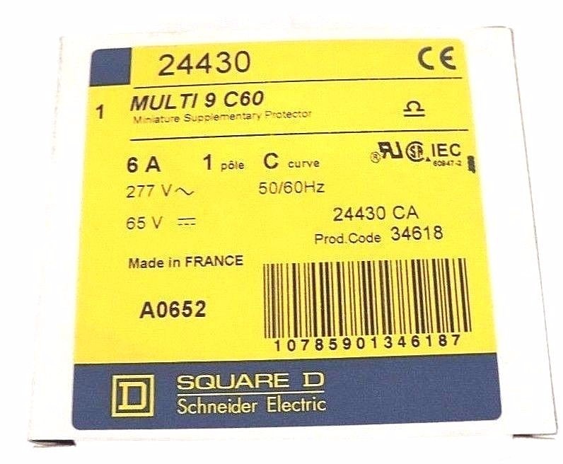 NIB SQUARE D MG 24430 C60N SUPPLEMENTARY PROTECTOR 34618, 6A, 1POLE, 277V