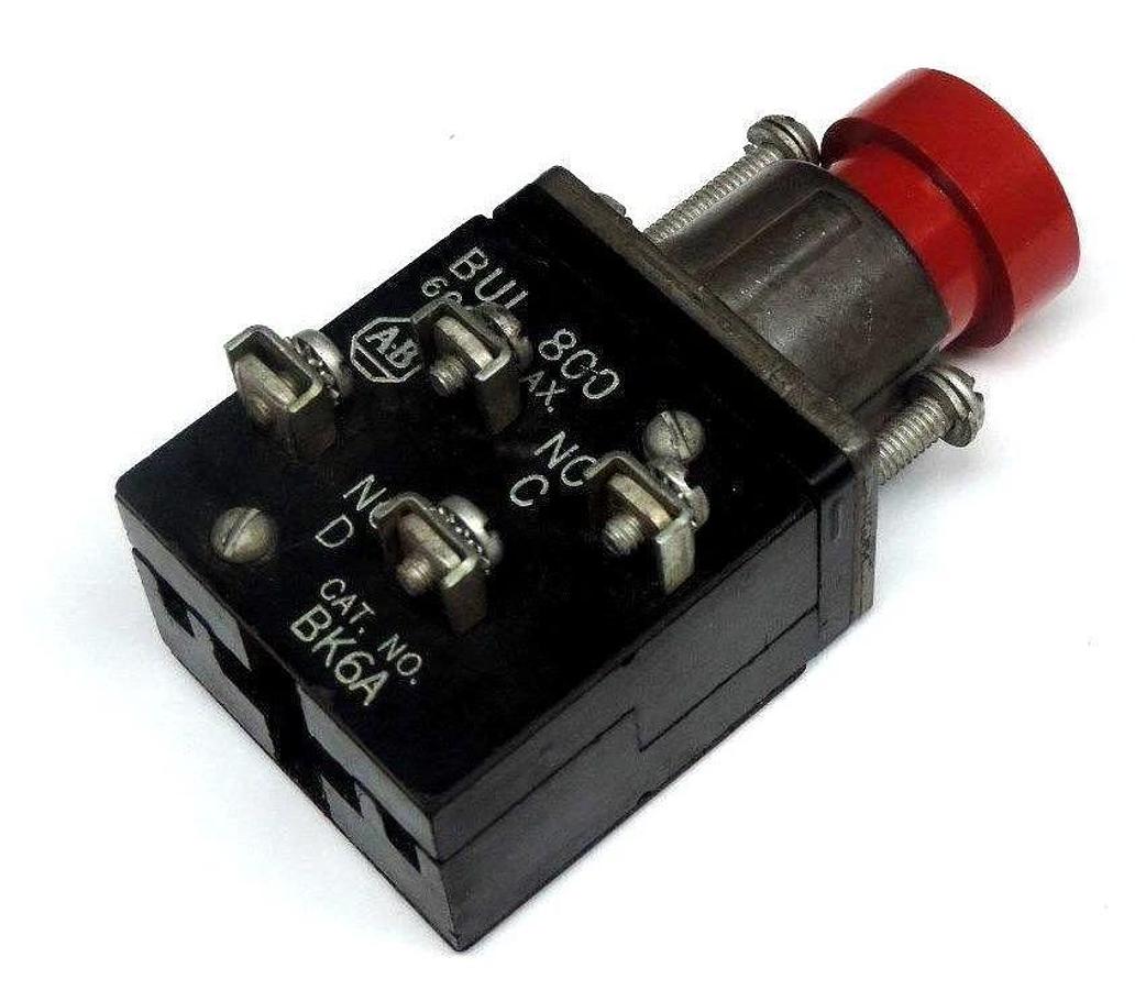 Used ALLEN BRADLEY 800-BK6A PUSHBUTTON EXTENDED HEAD RED 1NO/1NC 800BK6A, 600V MAX.