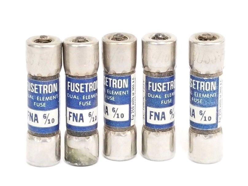 Used LOT OF 5 BUSSMANN FNA-6/10 FUSETRON DUAL ELEMENT FUSES