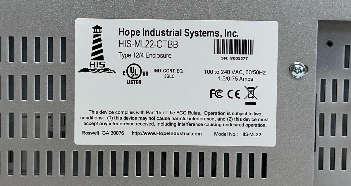 Used HOPE INDUSTRIAL SYSTEMS HIS-ML22-CTBB / HIS-ML22 TOUCHSCREEN 100-240VAC USNP