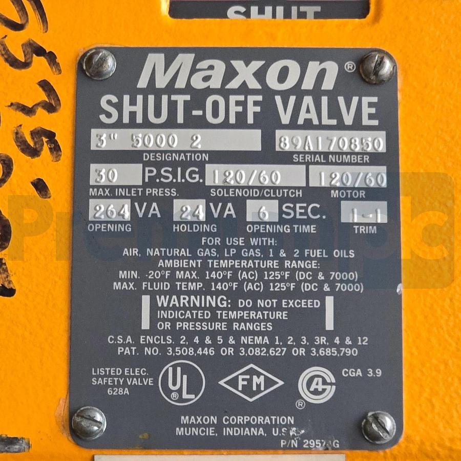 Maxon 3" 5000 2 Safety Shut-Off Valve 30PSIG 120V 6 Sec. New P/N 300SMA11 NSNP