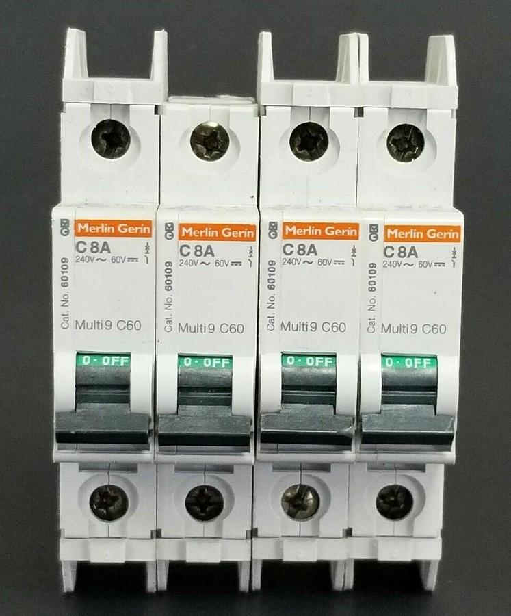 Used LOT OF 4 MERLIN GERIN CAT. NO. 60109 MULTI9 C60 CIRCUIT BREAKERS C8A 240V/60V