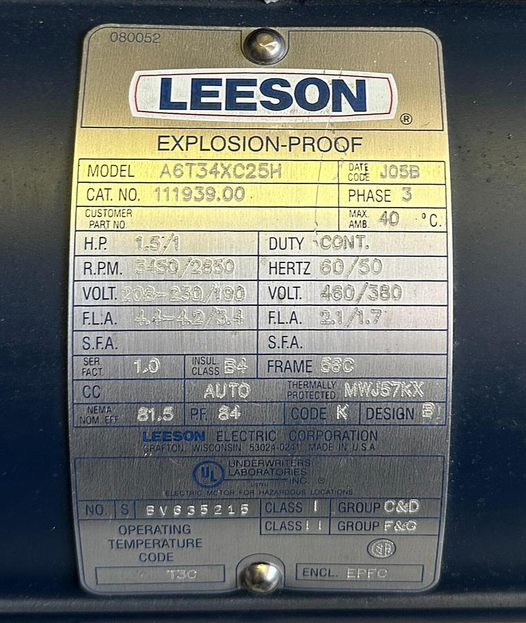 Used NEW LEESON A6T34XC25H / 111939.00 EXPLOSION PROOF MOTOR & PUMP ASSEMBLY 1.5/1HP