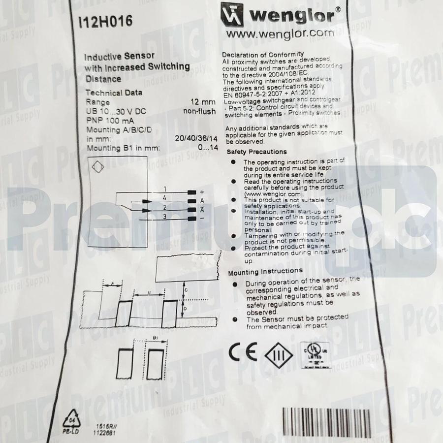 Used WENGLOR I12H016 Inductive Sensor with Increased Switching Distance 12mm 10-30VDC