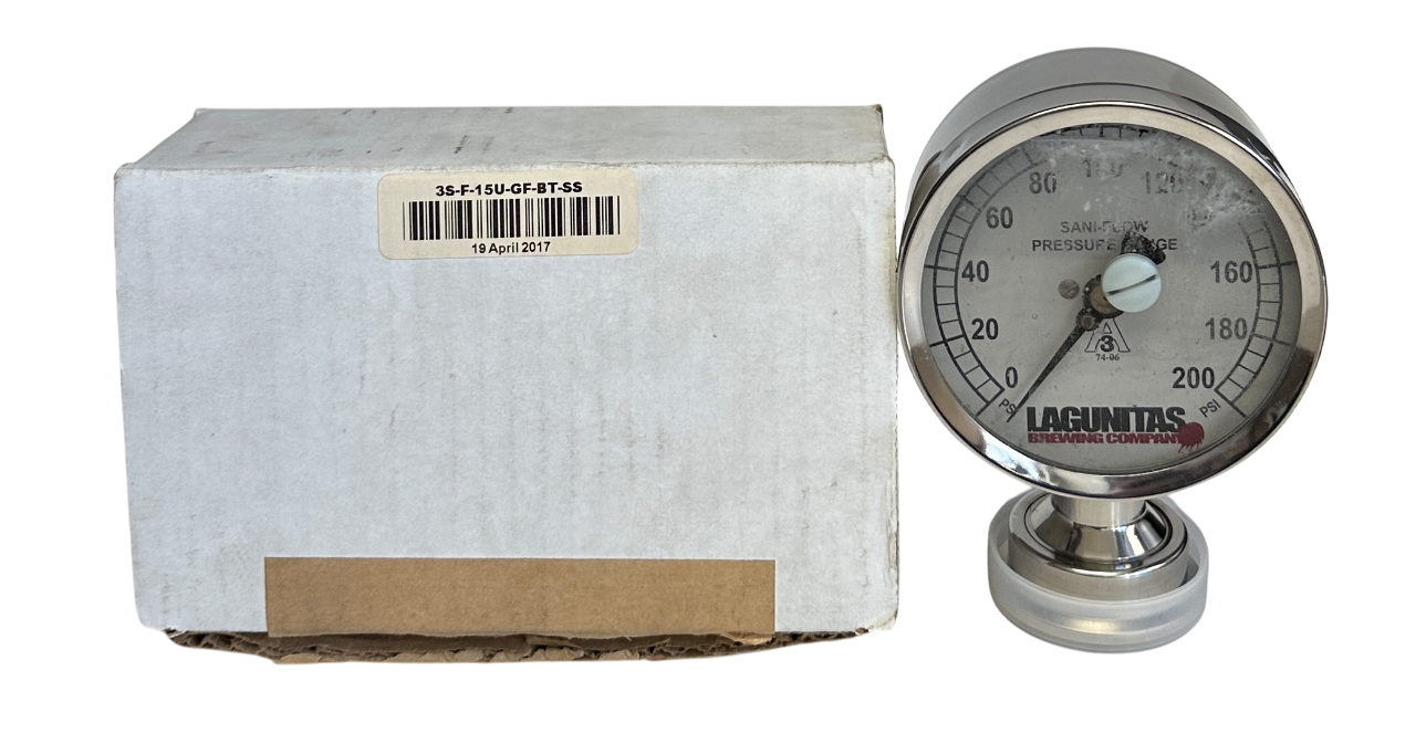 Used CSE 3S-F-15U-GF-BT-SS / 3SF15UGFBTSS SANI-FLOW PRESSURE GAUGE 0-200PSI NSMP *