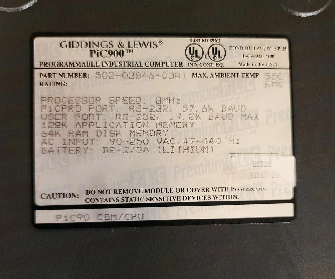 Used GIDDINGS & LEWIS 502-03846-03R1 CSM/CPU MODULE PIC900, 5020384603R1, PIC90 W/KEY