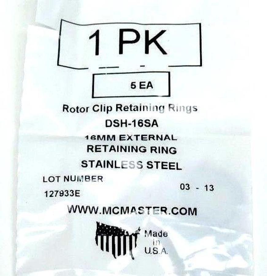 Used BAG OF 5 NEW MCMASTER DSH-16SA MOTOR CLIP RETAINING RINGS 16MM DSH16SA