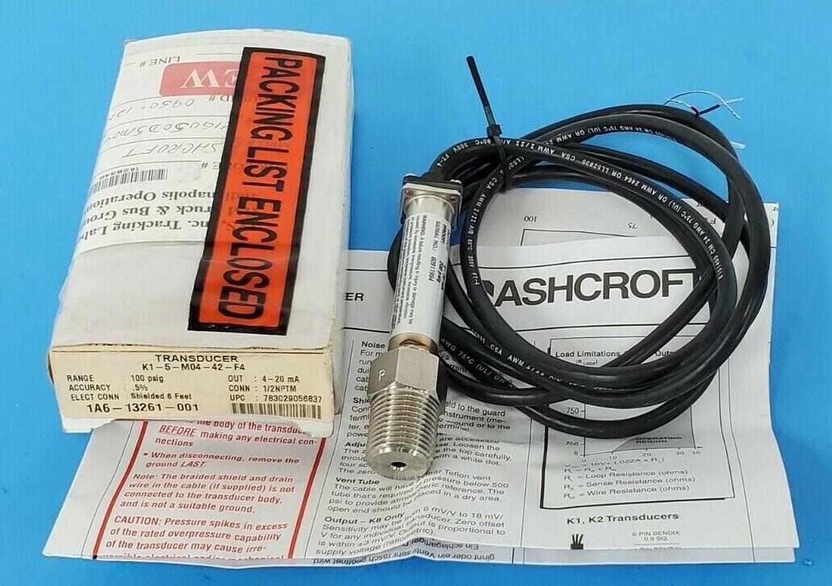 Used NIB ASHCROFT K1-5-M04-42-F4 TRANSDUCER 100PSIG 4-20mA 1/2" NPTM 6FT K15M0442F4#