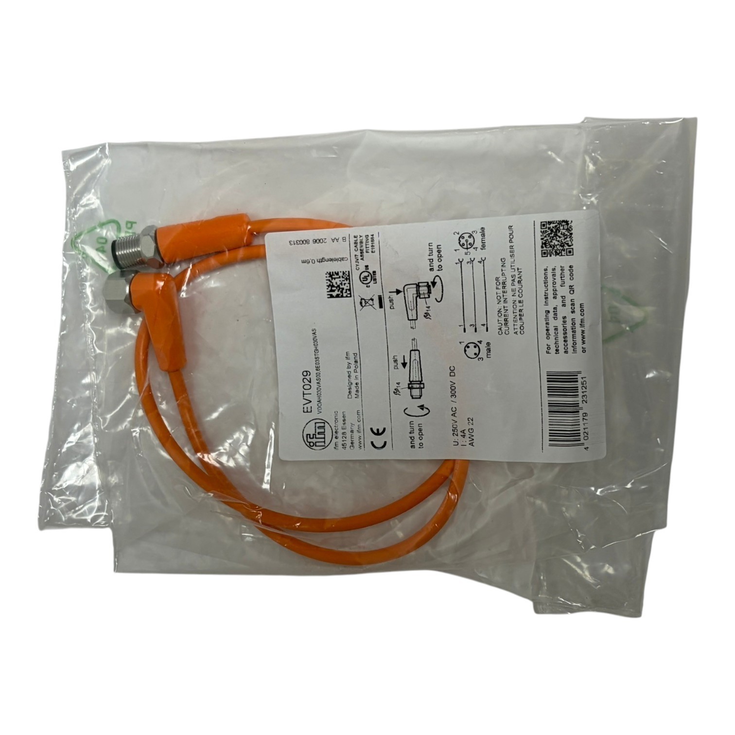 ifm electronic EVT029 M12 Male Straight to M12 Female Angle 0.6m Patch Cable New