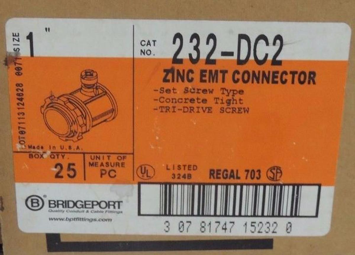 Used BOX OF 20 NEW BRIDGEPORT 232-DC2 1" ZINC EMT CONNECTORS 232DC2