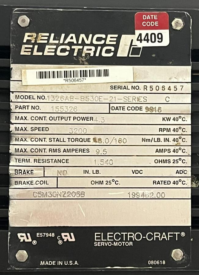 Used RELIANCE 1326AB-B530E-21 Series C Servo Motor 3000 RPM 2000 Peak Oz-In A-B