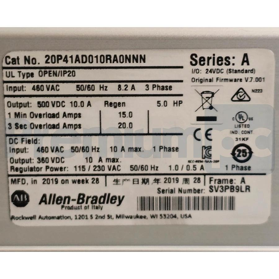 Used Allen-Bradley 20P41AD010RA0NNN /A PowerFlex DC Drive 5HP 460VAC 3PH w/HMI USPI