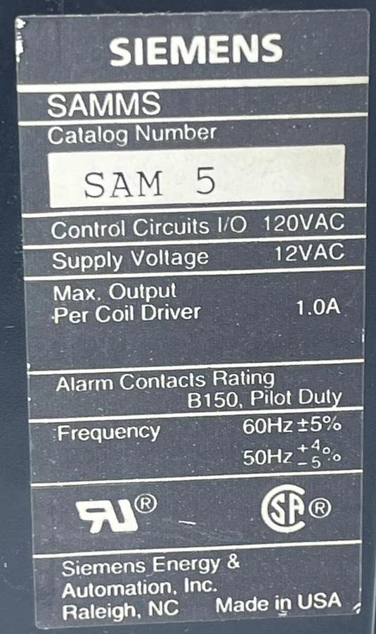 Used Siemens SAMMS-LVX SAM 5 Module Motor Master System I/O Control 120VAC
